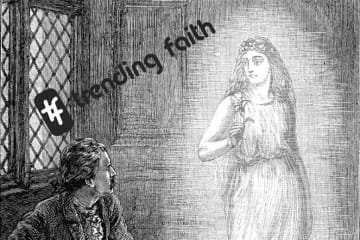 Black and white mythological ghost concept with hashtag trending faith text on top of it