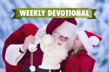 Santa and a child under the Weekly Devotional banner