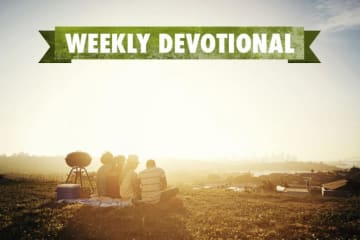 A summer sunset under the Weekly Devotional banner