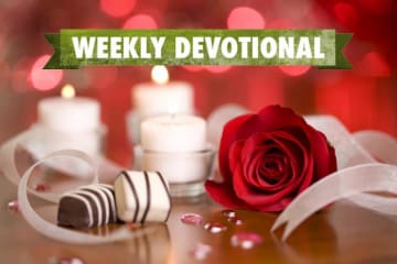 Valentine's chocolates and flowers under the Weekly Devotional banner