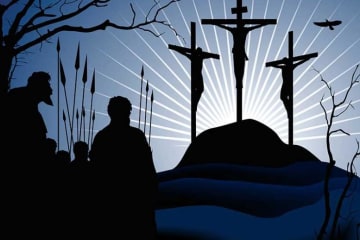 three men hung on crosses while people watch