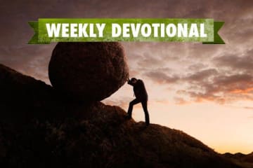 person pushing boulder with weekly devotional banner