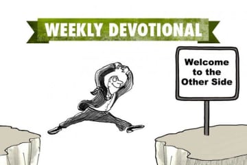 person jumping over cliff with weekly devotional banner