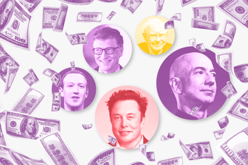 Graphic showing raining hundred dollar bills and the faces of billionaires 