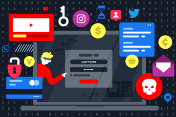 Graphics showing animated images of numbers, cybersecurity and data symbols and social media logos