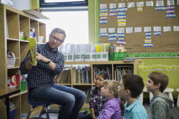 A teacher reading to his classroom