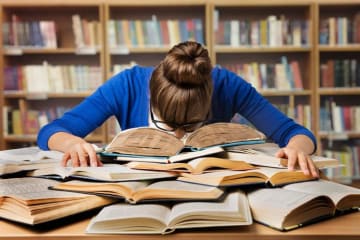 person with head in books