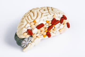 Half a model brain with pills stuck on it to resemble addiction