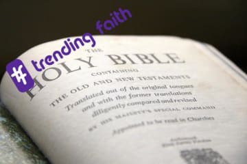 A Bible open to the Old Testament with the Trending Faith logo