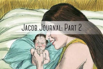 woman holding baby with "jacob journal part 2" written on it