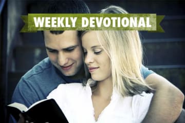 A couple reading together under the Weekly Devotional banner