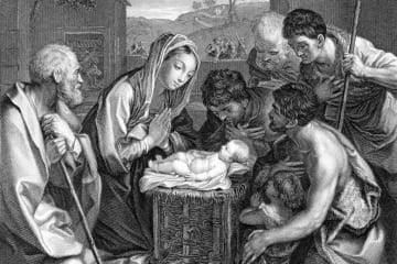 A black and white drawing of the birth of Christ