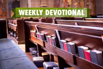 Weekly devotional text layered on top of image of wooden church pews