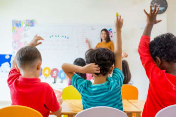 Elementary students raising their hands