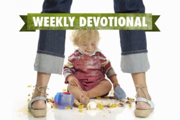 A messy toddler under the Weekly Devotional banner