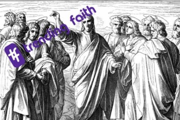 A black and white drawing of Jesus and the Apostles with the Trending Faith logo