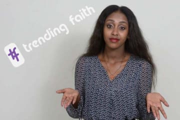 Confused student next to the trending faith logo