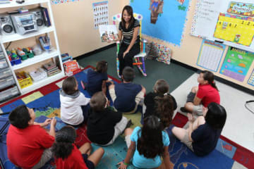 teacher sitting on chair reading book to students sitting on floor around her