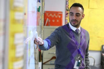 teacher pointing to whiteboard