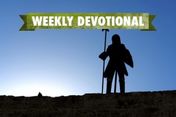 A man in a suit of armor under the Weekly Devotional banner