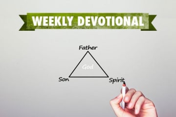 Person drawing a triangle of the Trinity below the Weekly Devotional logo
