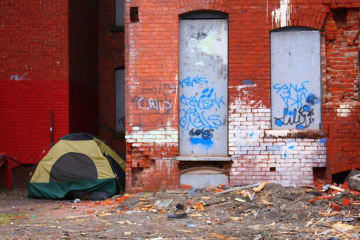 Tent set up in a rundown part of town