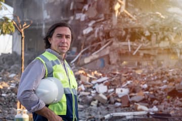 Portrait of emergency management professional in PPE at outdoor work site