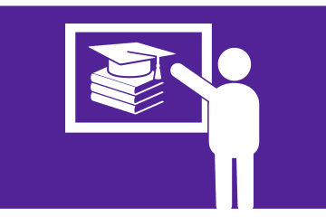Image of figure pointing toward graduation cap and books.