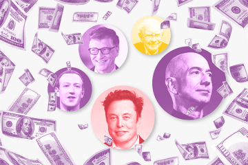 Graphic showing raining hundred dollar bills and the faces of billionaires 