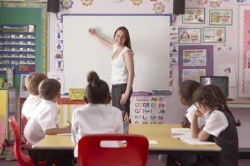 A group of diverse students learning from a teacher at a whiteboard