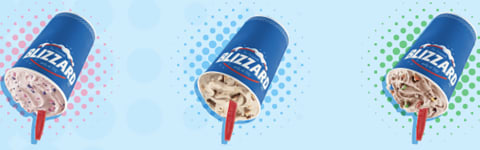 Five varieties of Dairy Queen's popular Blizzard types with cups flipped upside down