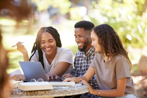 Students, friends and group studying with laptop at park outdoors. Education scholarship, learning teamwork and happy people, black man and women with computer for research at university or college. - stock photo