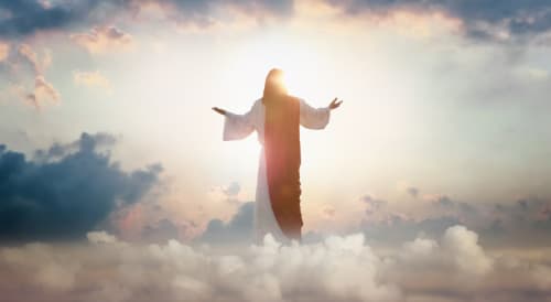 Resurrected Jesus Christ ascending above the sky and clouds, heaven concept - stock photo