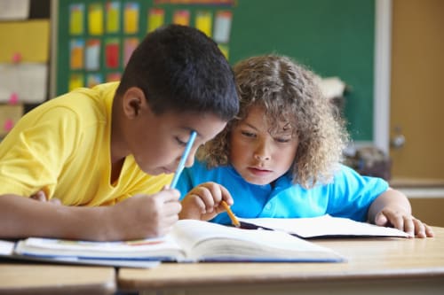 two male elementary students working together