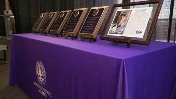 Awards lined up on table for Hall of Fame inductees