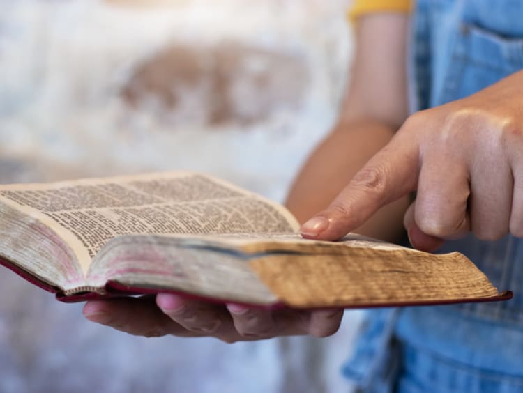 Closeup of an unrecognizable person's hands held over a bible at home during the day - stock photo