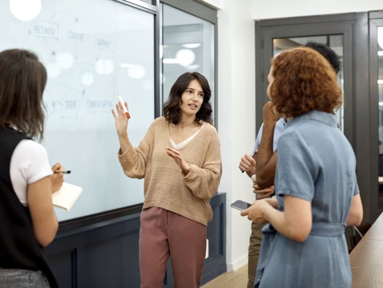 Business women explaining plan to coworkers on whiteboard