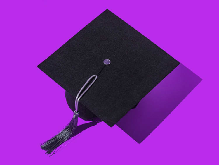 Black graduation cap with silver tassel, in a row, on a purple background. Graduation, achievement, goal, degree, master's degree, bachelor's degree, university, college and success concept. - stock photo
