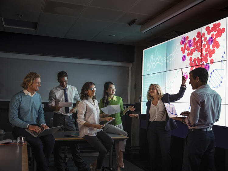 Adults Viewing Data on a Large Display Screen - stock photo