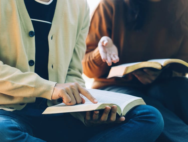 Christian Bible Study Concepts. Christian friends read and study the bible together in the park. followers are studying the word of God in churches. sharing the gospel with a friend. Education - stock photo