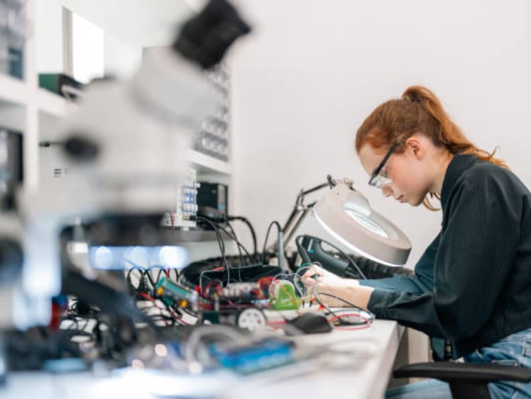 Girl working with engineering wires