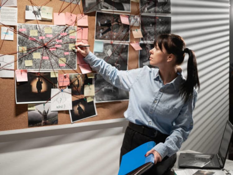 Woman connecting the dots for an investigation.