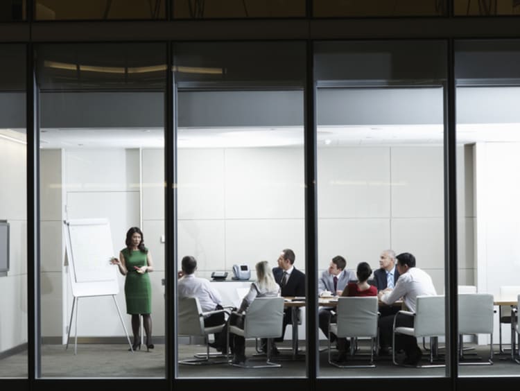 Business woman conducting corporate communications in a business meeting.