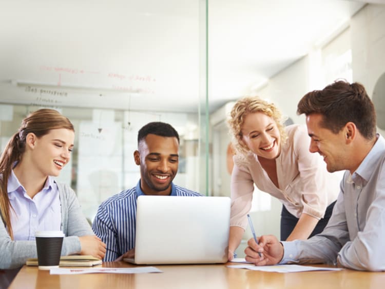 group of professionals meeting together and smiling