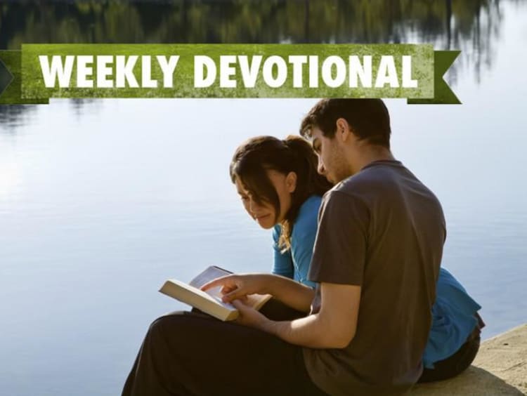 A pair of students under the Weekly Devotional banner