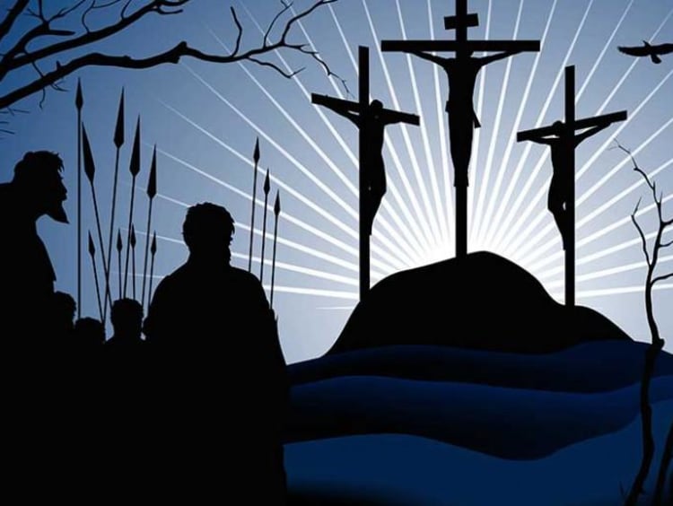 three men hung on crosses while people watch