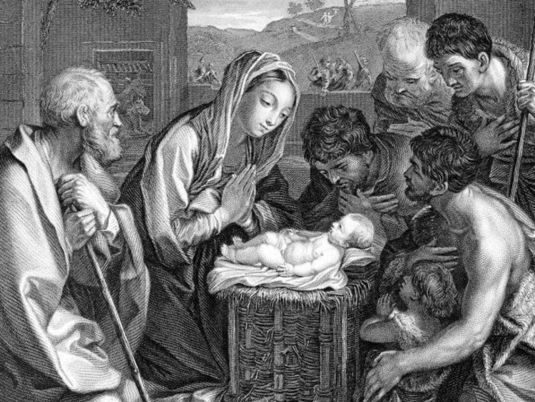 A black and white drawing of the birth of Christ