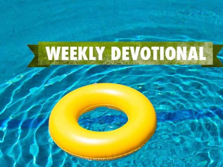 Yellow round pool float in pool with weekly devotional text layered atop image