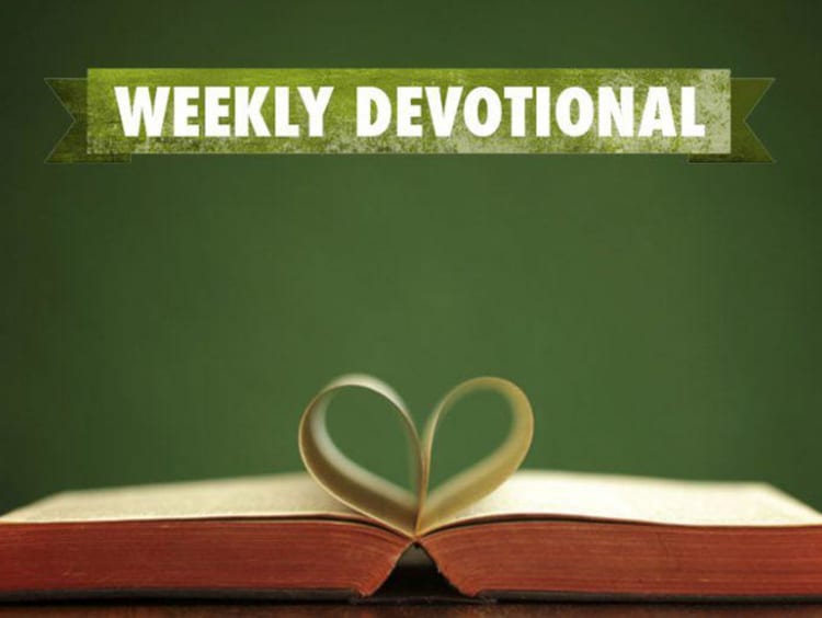 Weekly devotional text above open book with inner pages curled as a heart