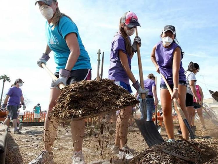 Group of people shoveling at community service